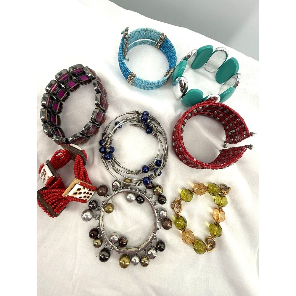 Vintage Costume Bracelet Lot Beaded Stretch Bangles Boho Statement Jewelry